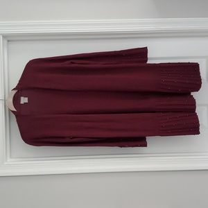 Chicos size 0 long sleeve burgundy cardigan with beading.
